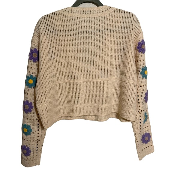 SO Knit Crochet Flower Cardigan Cottagecore Cream Medium - Picture 2 of 5